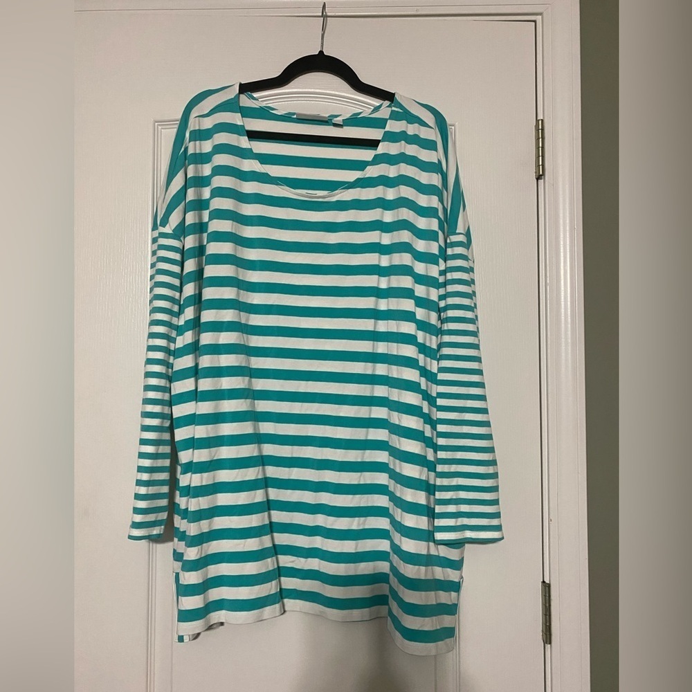 Belle by Kim GravelStriped Teal and White Long Sleeve Top Size 4X
